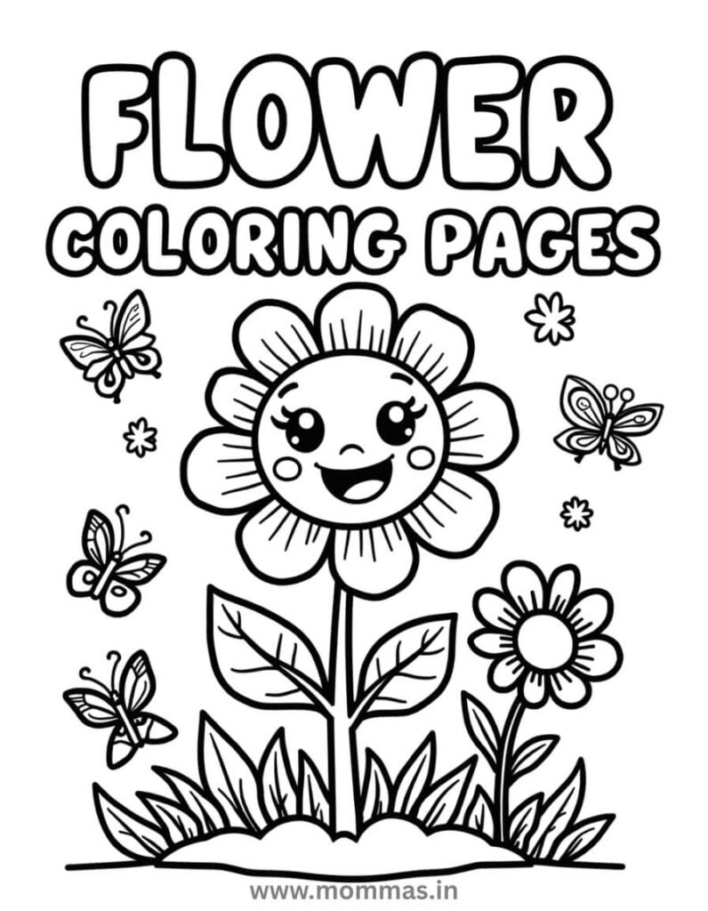 Beautiful collection of flower coloring pages featuring roses, daisies, sunflowers, and garden blooms for kids to print and color