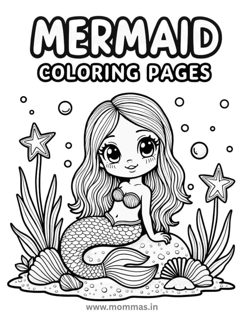 Printable mermaid coloring pages for kids with ocean background