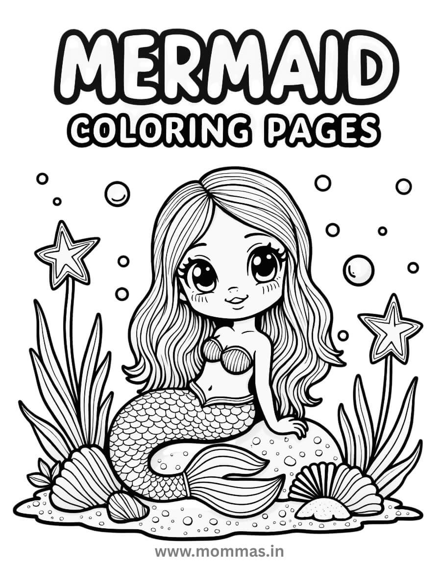 Printable mermaid coloring pages for kids with ocean background