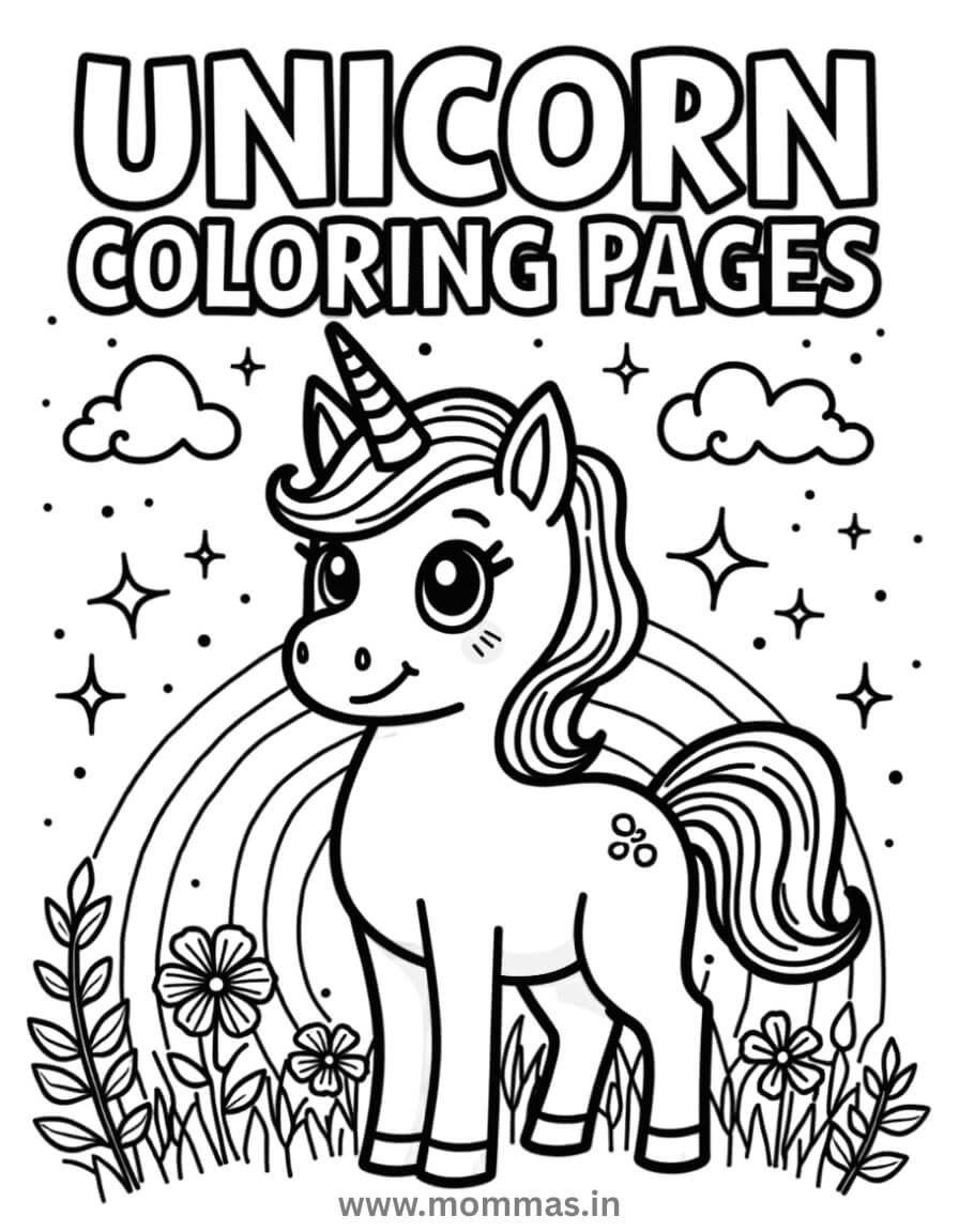 Printable unicorn coloring pages for kids with rainbows and stars