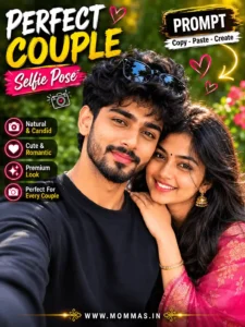 svg%3E South Asian couple smiling outdoors in a candid selfie, woman in pink saree and man in black sweater