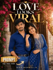 svg%3E South Asian couple in royal blue outfits smiling outdoors near pink flowers and a rustic doorway