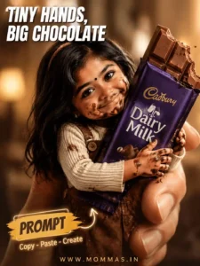 svg%3E Miniature South Asian girl hugging a large chocolate bar with chocolate on her face and hands