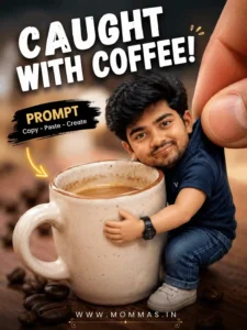 svg%3E Miniature man in navy shirt hugging a coffee cup in a cozy coffee-themed fantasy scene