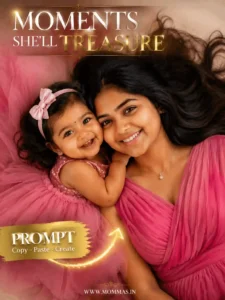 svg%3E Mother and daughter smiling together in pink dresses during a precious family moment