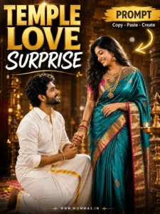 svg%3E South Asian couple sharing a romantic temple love surprise in traditional wedding attire