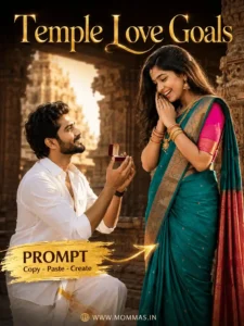 svg%3E South Asian couple at temple during a romantic proposal, man kneels presenting a ring to woman in teal saree