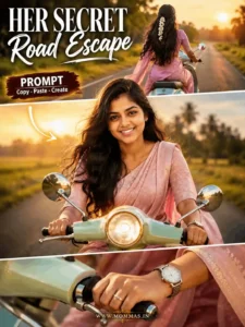 svg%3E South Asian woman in pink saree riding a vintage scooter on a scenic road during golden hour sunlight
