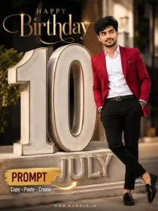 svg%3E Stylish young man in a red blazer posing beside large 10 July birthday numbers