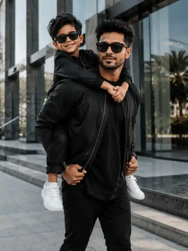 boys ai prompts modern city father son walk 4.webp Father son walking modern city portrait created using boys ai prompts