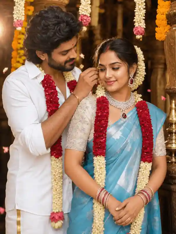 South Indian bride and groom under flower garland Gemini prompt