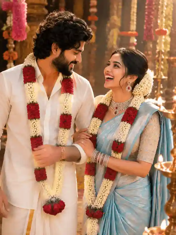 Candid laughing South Indian wedding couple Gemini AI prompt