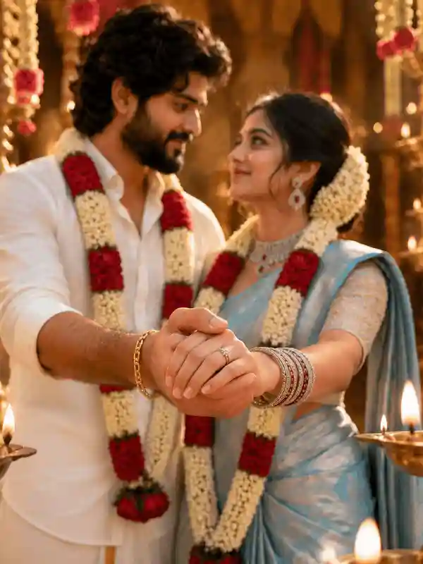 South Indian wedding couple holding hands romantic Gemini prompt