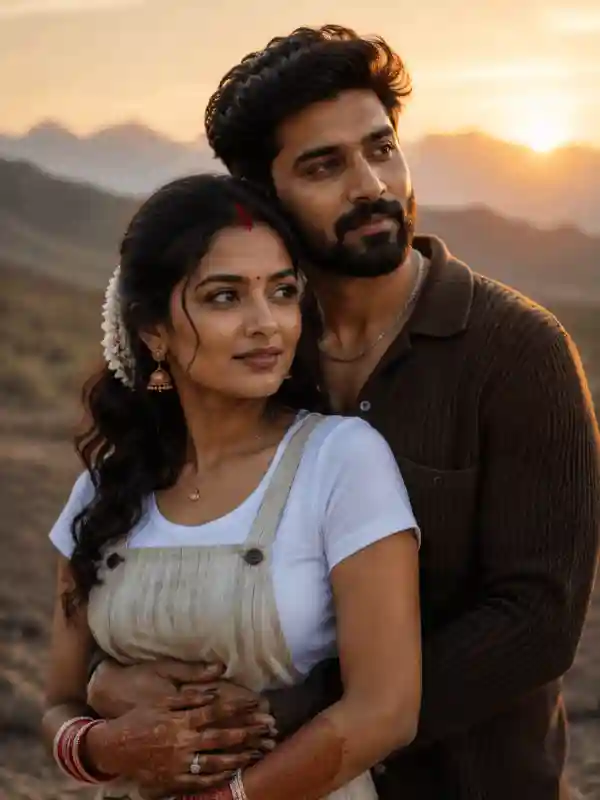 cinematic sindoor newlywed prompt.webp Cinematic Indian newlywed couple portrait with sindoor and golden sunset