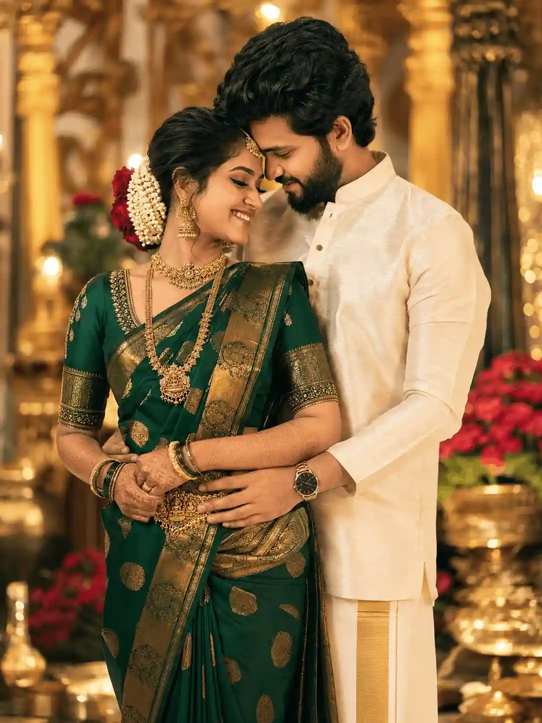 cinematic south indian couple edit prompt.webp Cinematic South Indian couple edit prompt for Gemini with palace background