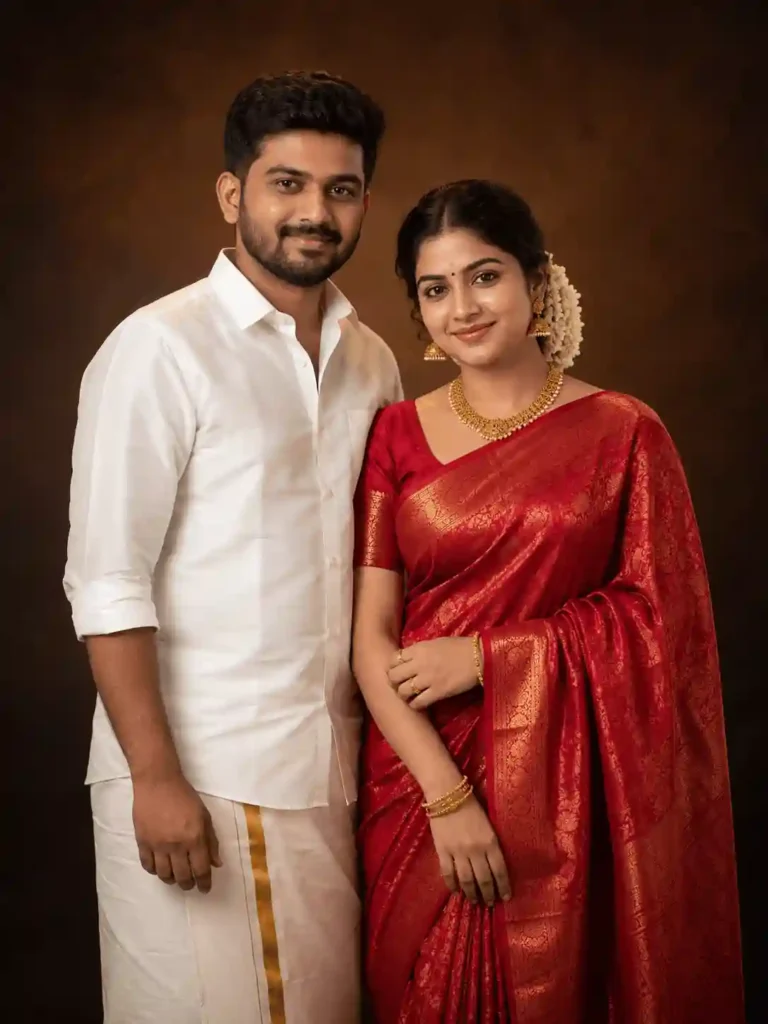 classic south indian couple portrait.webp South Indian couple studio portrait with red silk saree and white mundu