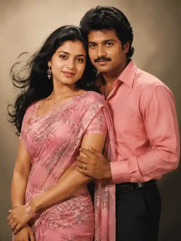 Classic studio retro couple portrait with pink sari and Gemini AI prompt style