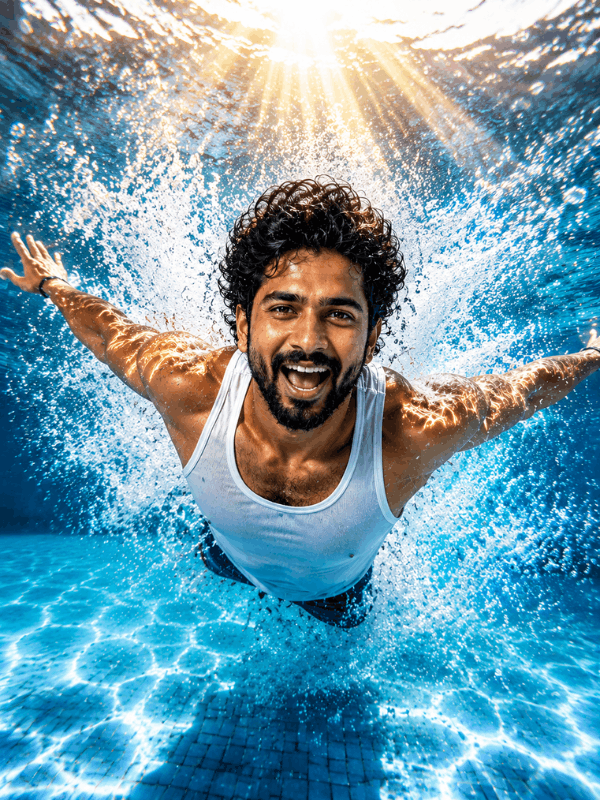 classic underwater hero pose.webp Man swimming underwater with sunlight rays and splashes, related to prompts for gemini ai
