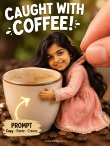 svg%3E Cute girl miniature hugging coffee cup AI photo prompt