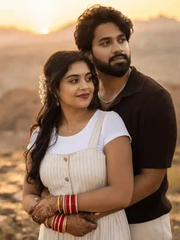 desert hills engagement couple prompt.webp Luxury desert hills engagement portrait of a South Asian couple