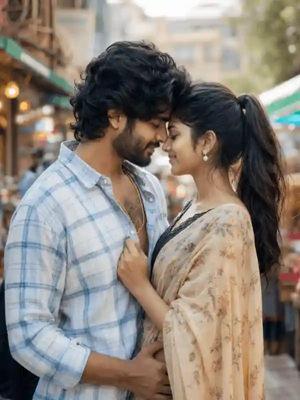 dreamy bokeh couple prompt.webp Dreamy romantic South Asian couple portrait with soft market bokeh