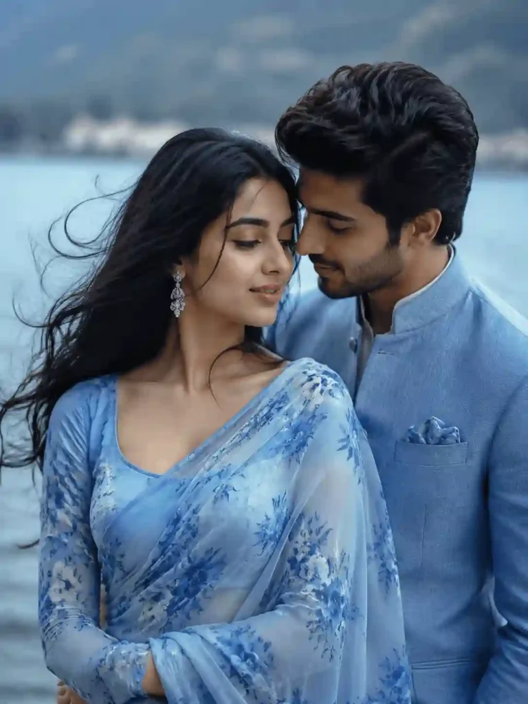 dreamy lakeside couple prompt.webp Dreamy lakeside couple portrait with blue floral saree gemini prompt for couple