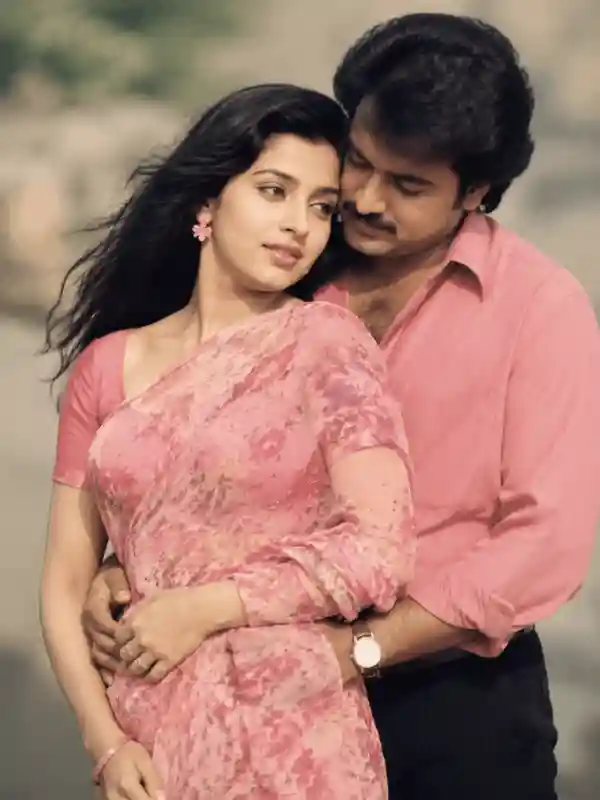 Dreamy retro couple close-up with pink sari and Gemini AI photo prompt