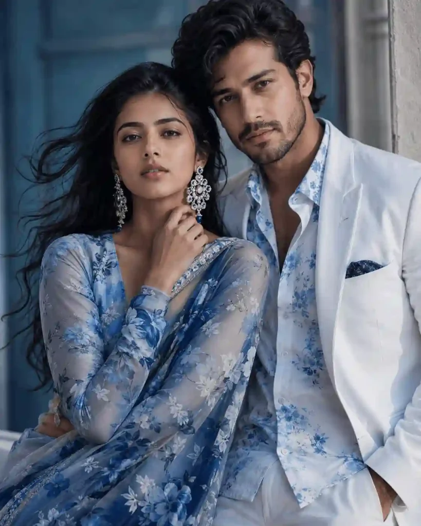editorial blue tone couple prompt.webp Fashion editorial couple portrait in blue tones
