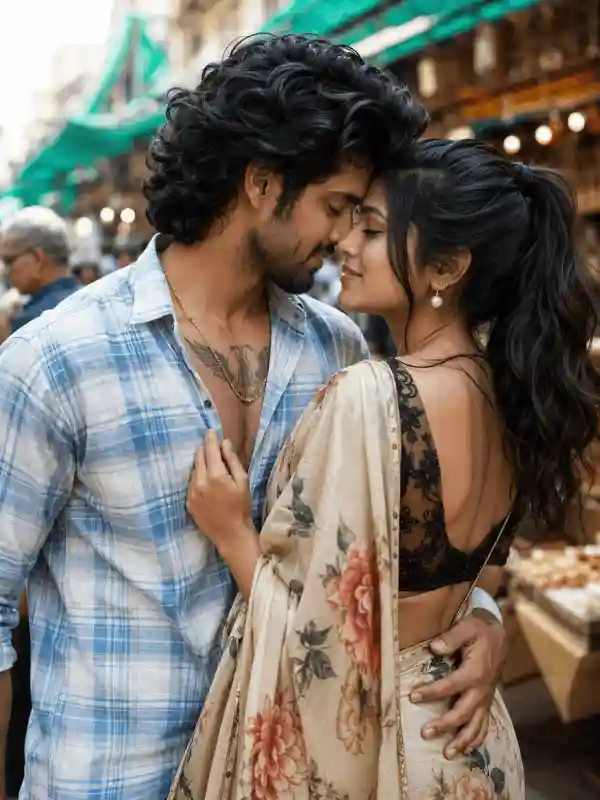 editorial fashion couple prompt.webp Editorial romantic South Asian couple portrait in market street fashion style