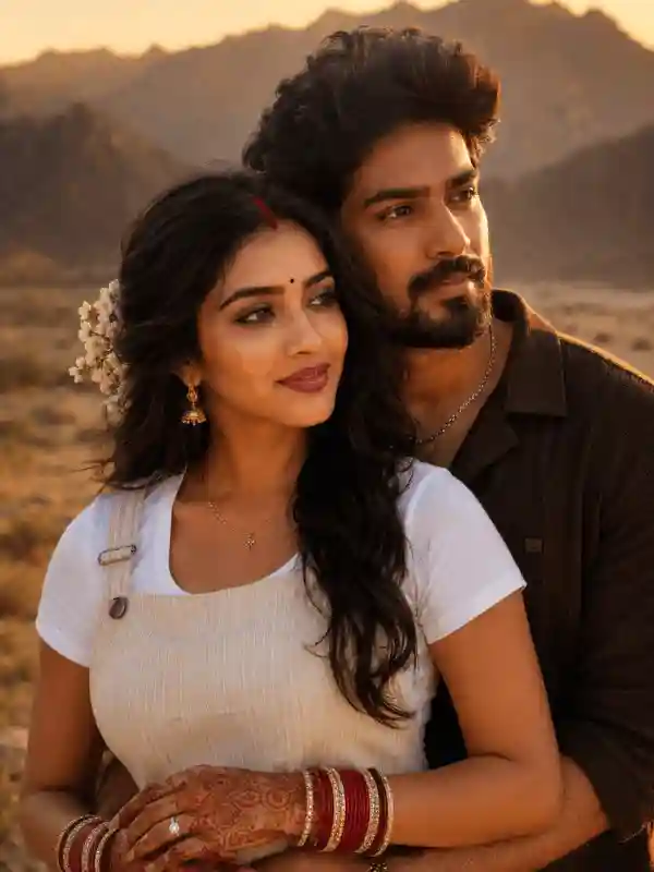 editorial newlywed romance prompt.webp Editorial South Asian newlywed couple portrait with golden hour lighting