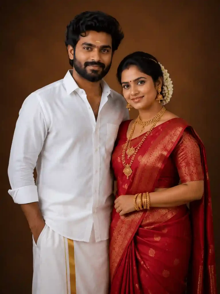 elegant red saree couple photo.webp Elegant South Indian couple photo with red silk saree and gold jewelry