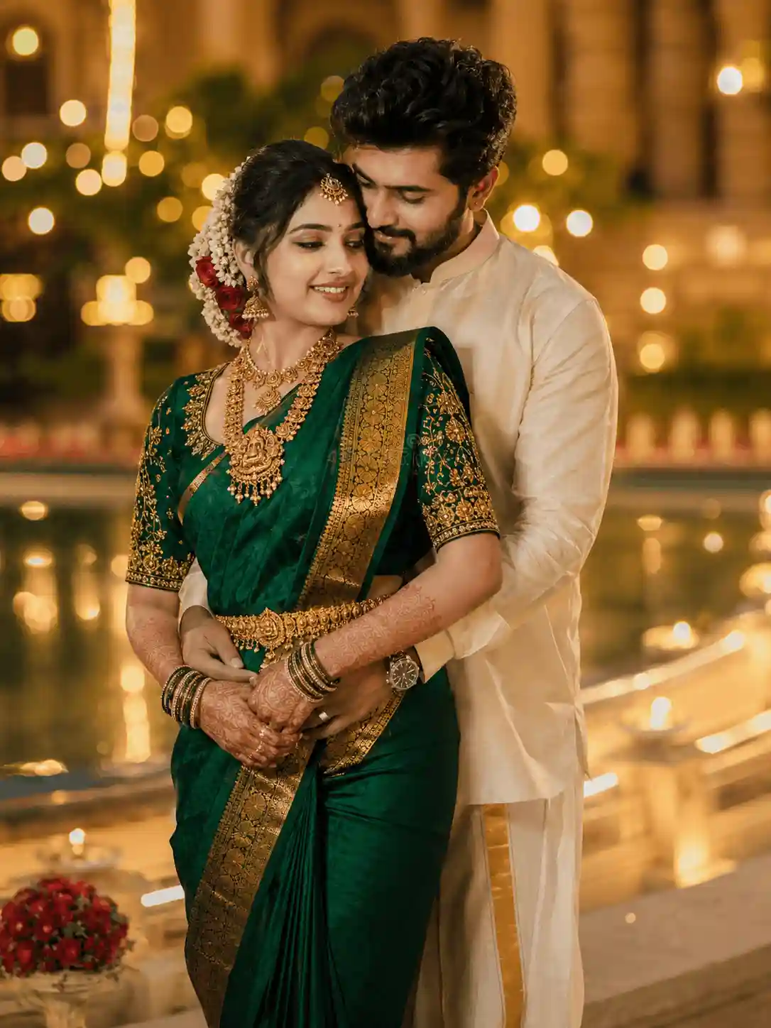 emerald saree editorial couple prompt.webp Emerald saree editorial couple prompt for Gemini pre-wedding portrait