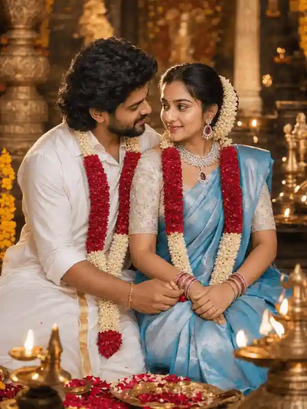 Emotional South Indian post wedding couple portrait Gemini prompt