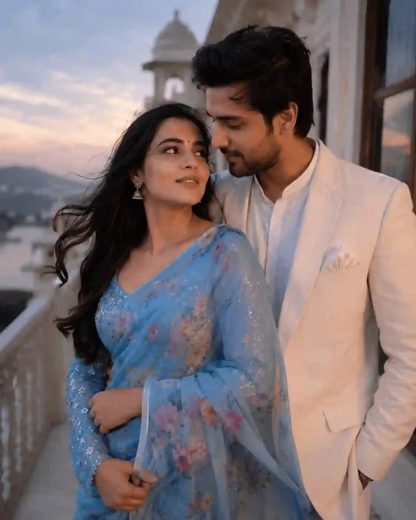 evening balcony romance couple.webp Romantic couple portrait on balcony with blue saree and evening light