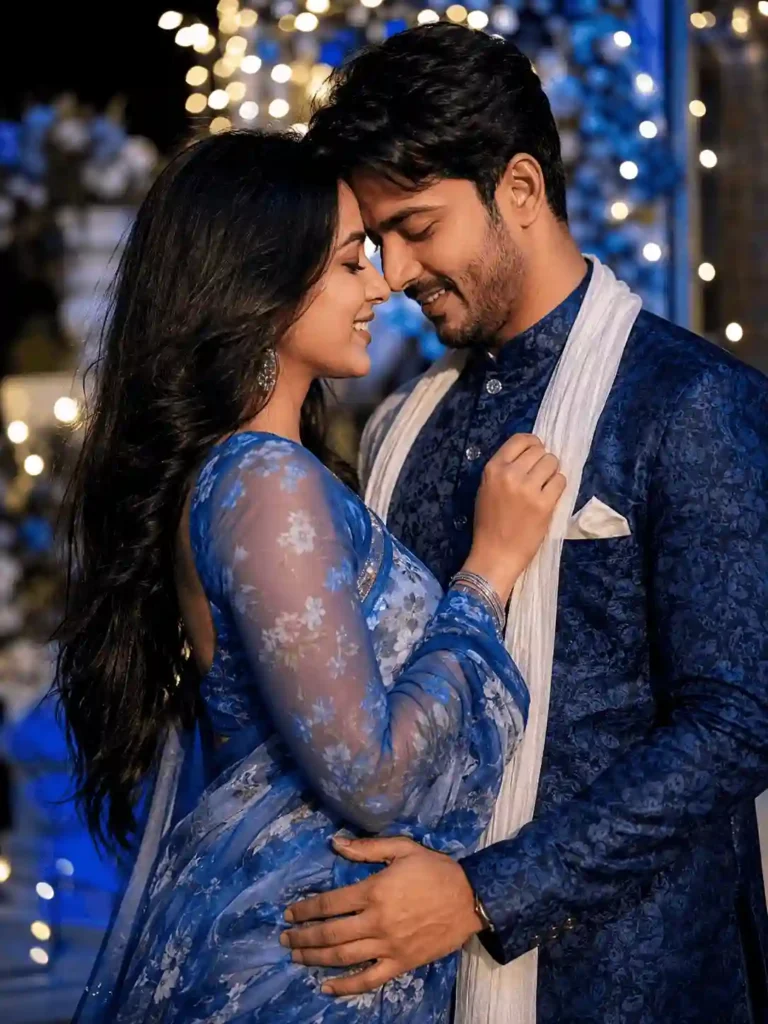 festival glow couple photo prompt.webp Festive romantic couple portrait with glowing lights and blue saree