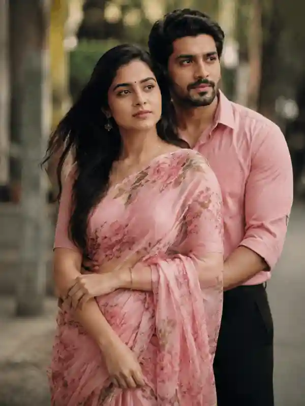 Film grain retro couple photo prompt for Gemini AI with pink sari look