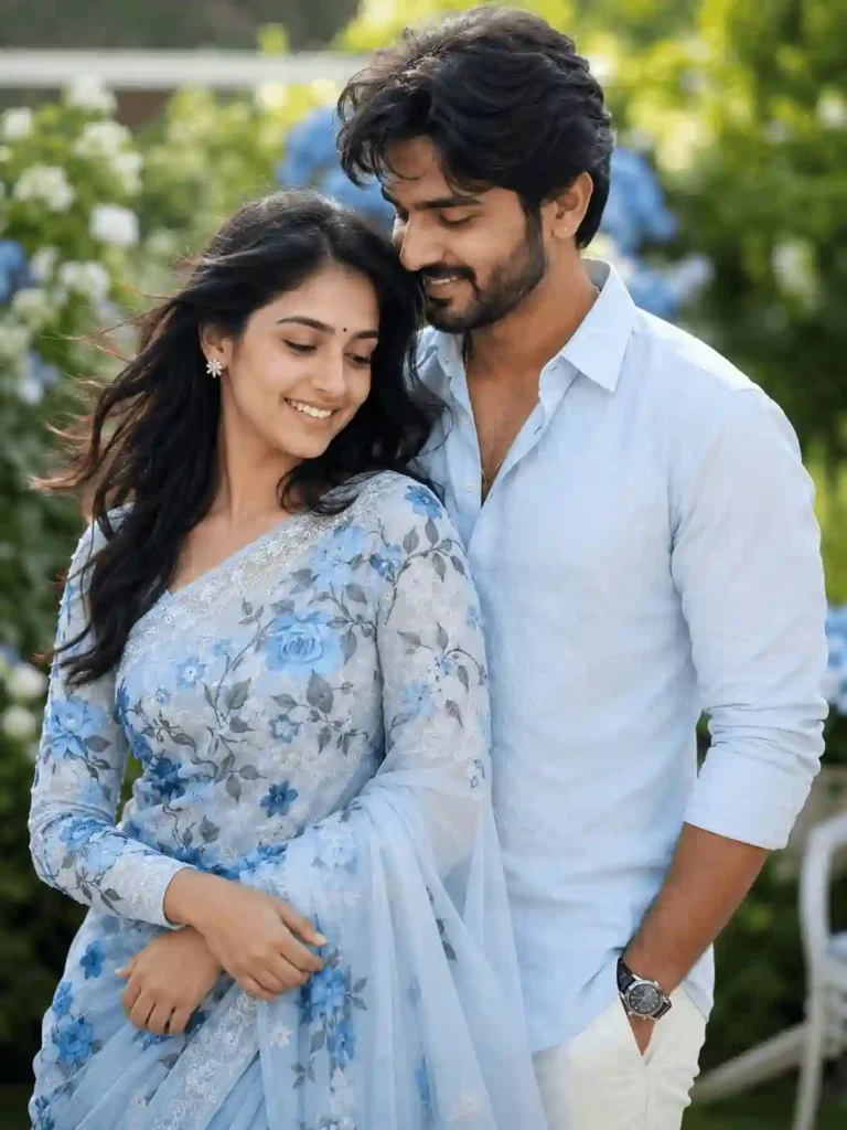 garden bokeh couple portrait.webp Outdoor garden couple portrait with blue floral saree and soft bokeh