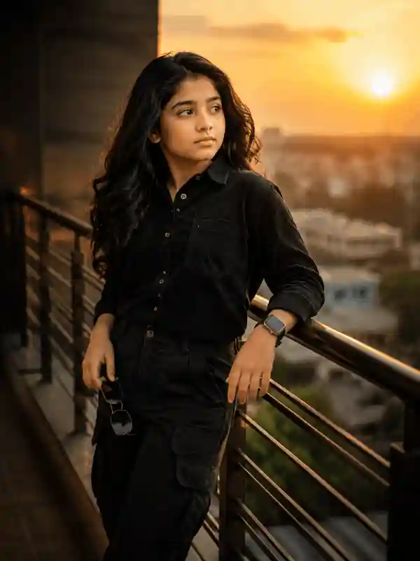 gemini ai photo prompts girl sunset balcony portrait 2.webp Girl posing at sunset balcony in black outfit created with gemini ai photo prompts girl trending