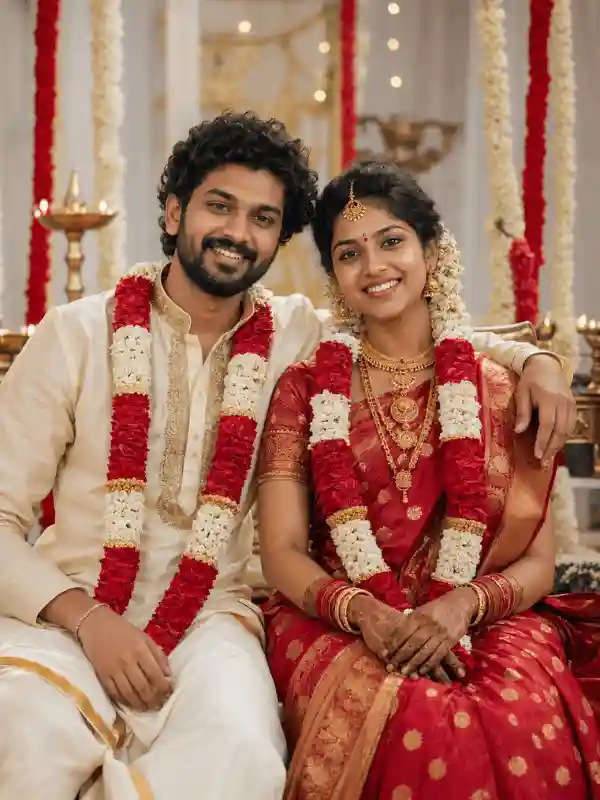 gemini couple image prompt wedding portrait smile 1.webp Gemini couple image prompt showing smiling Indian wedding portrait