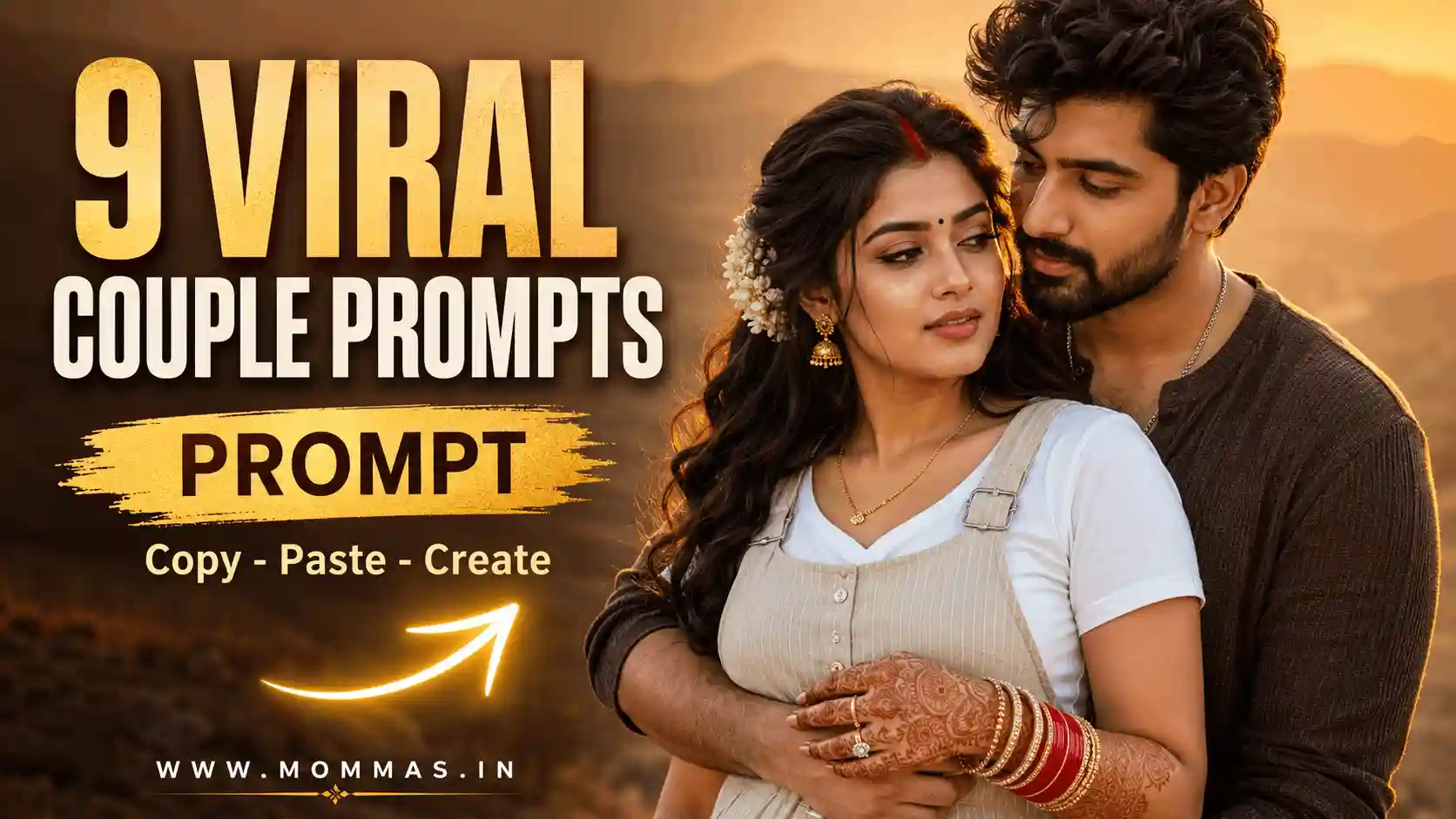 gemini couple photo prompt copy paste.webp Ultra-realistic South Asian newlywed couple portrait at golden hour for Gemini couple photo prompt copy paste