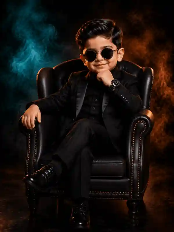 Boy sitting on luxury chair in black suit created using gemini prompt for boys