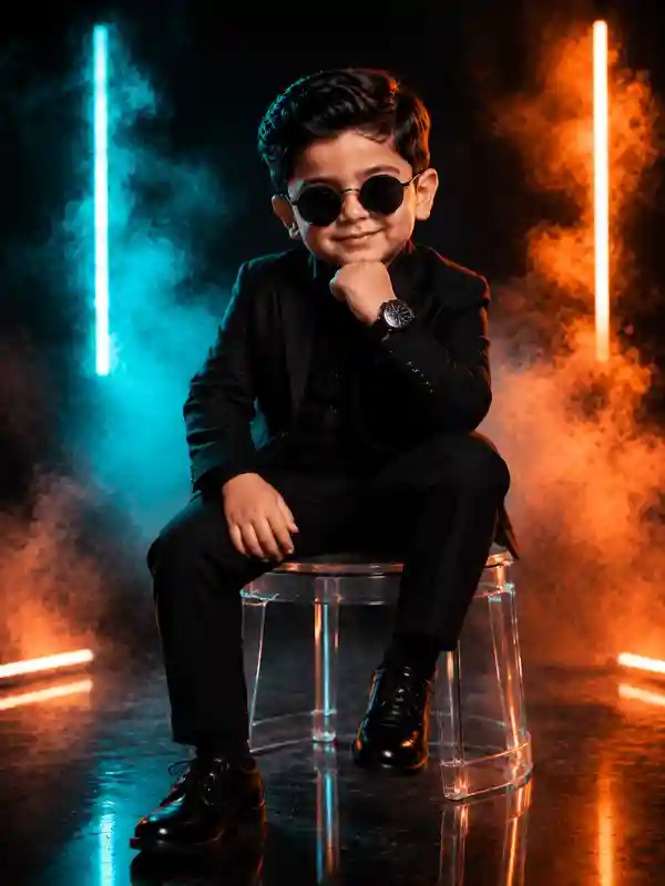 Smiling boy in black suit with smoke lighting created using gemini prompt for boys