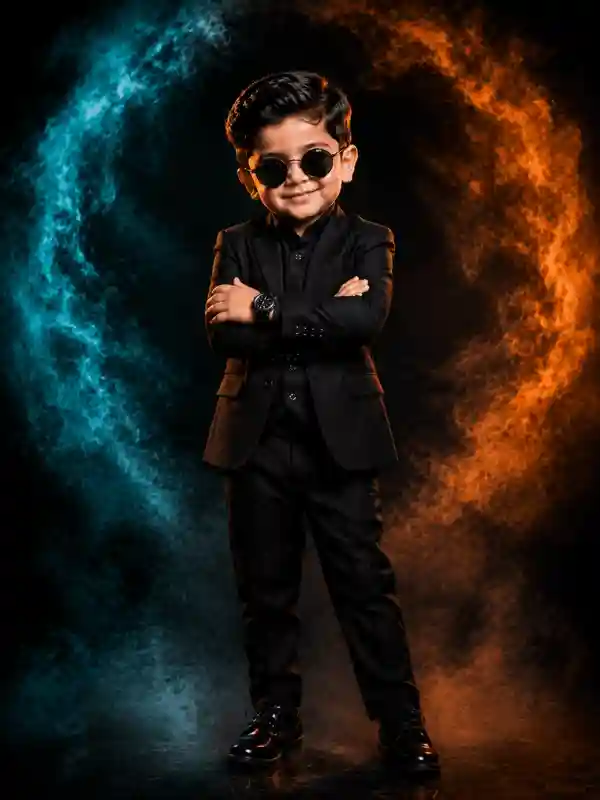Boy posing with crossed arms in black suit created using gemini prompt for boys