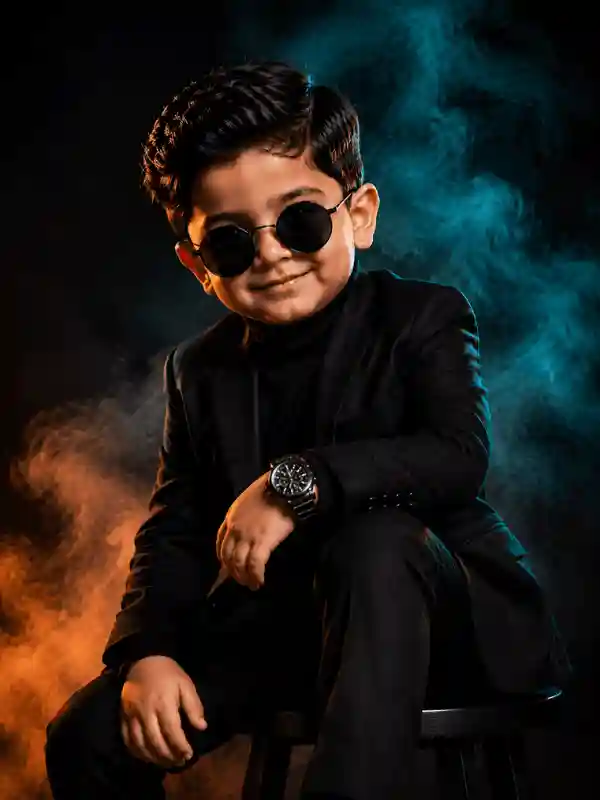 Boy sitting on stool in dark studio created using gemini prompt for boys