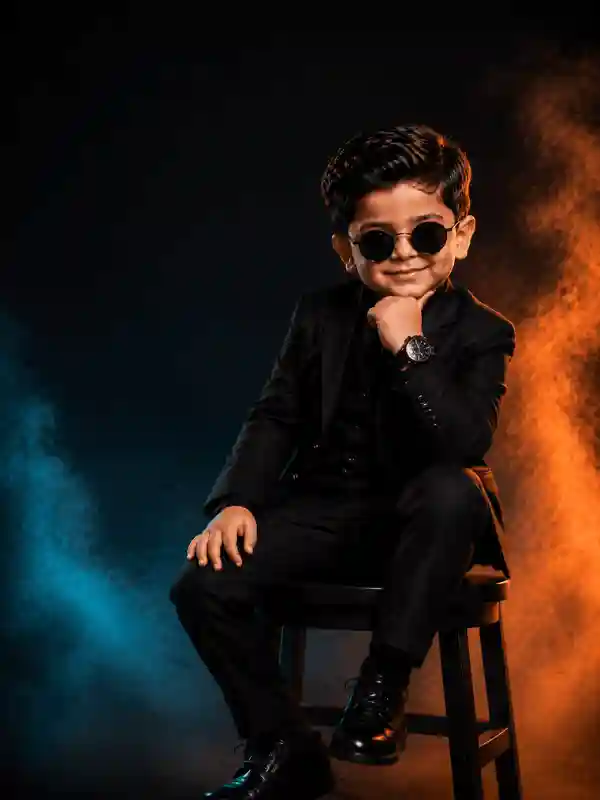 Tiny suit big style banner with boy portrait created using gemini prompt for boys