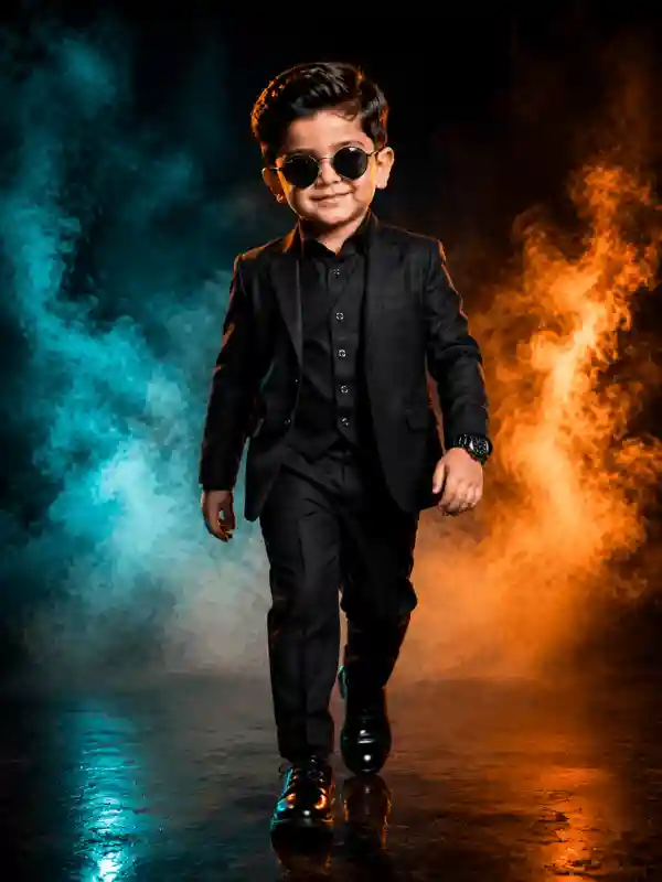 Boy walking in black suit with smoke background created using gemini prompt for boys