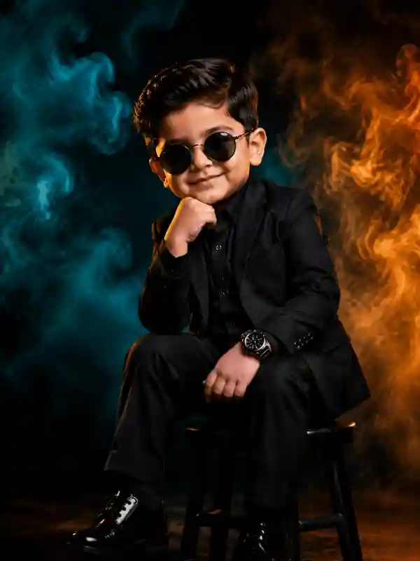 Stylish boy in black suit with sunglasses created using gemini prompt for boys