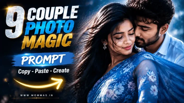 gemini prompt for couple blue portrait.webp Young stylish couple portrait in blue floral saree look with cinematic soft light