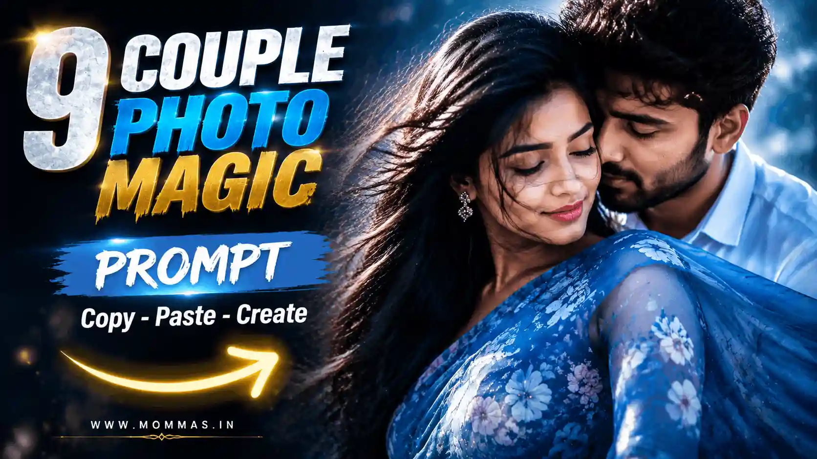 gemini prompt for couple blue portrait.webp Young stylish couple portrait in blue floral saree look with cinematic soft light