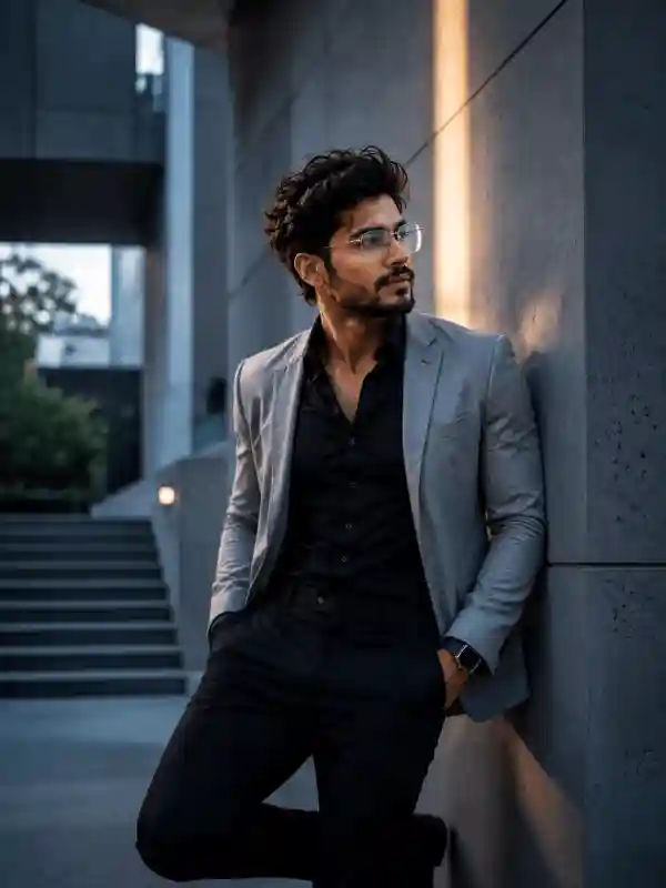 gemini prompt for men modern wall pose grey suit 7.webp Man leaning on wall in grey suit created using gemini prompt for men